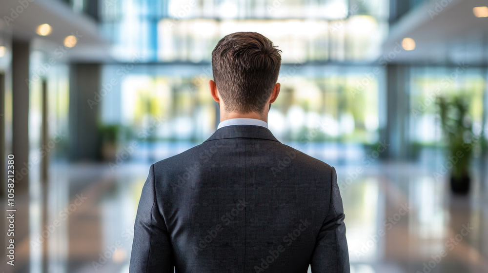 man in tailored suit stands confidently, viewed from behind, in modern office lobby filled with natural light and greenery. atmosphere conveys professionalism and ambition man in tailored suit stands confidently, viewed from behind, in modern office lobby filled with natural light and greenery. atmosphere conveys professionalism and ambition