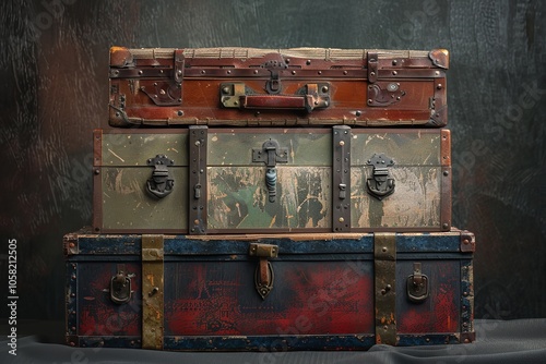 A set of antique, classic, and vintage wooden trunks. Generative Ai