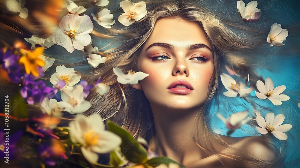 A stunning portrait of a young woman with flowing hair surrounded by a vibrant bouquet of spring flowers, creating a colorful and joyful aesthetic. A stunning portrait of a young woman with flowing hair surrounded by a vibrant bouquet of spring flowers, creating a colorful and joyful aesthetic.