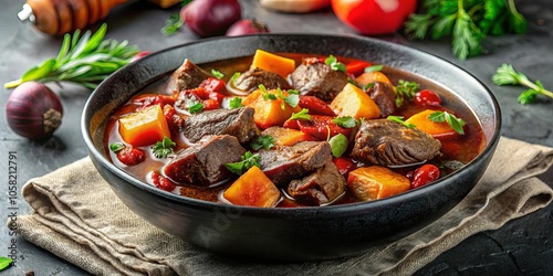 A hearty bowl of stew featuring tender cubes of meat, vibrant red peppers, and sweet, golden potatoes, all simmered in a rich and flavorful broth, garnished with fresh herbs