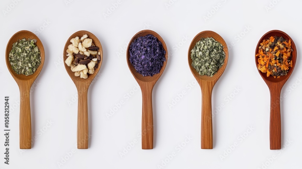 Dried Herbs and Spices in Wooden Spoons: A Culinary Delight Dried Herbs and Spices in Wooden Spoons: A Culinary Delight