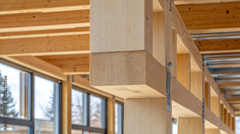 Wooden beams are prominently featured in this image, showcasing modern architectural design with focus on sustainability. structure highlights use of engineered wood, emphasizing its strength and Wooden beams are prominently featured in this image, showcasing modern architectural design with focus on sustainability. structure highlights use of engineered wood, emphasizing its strength and