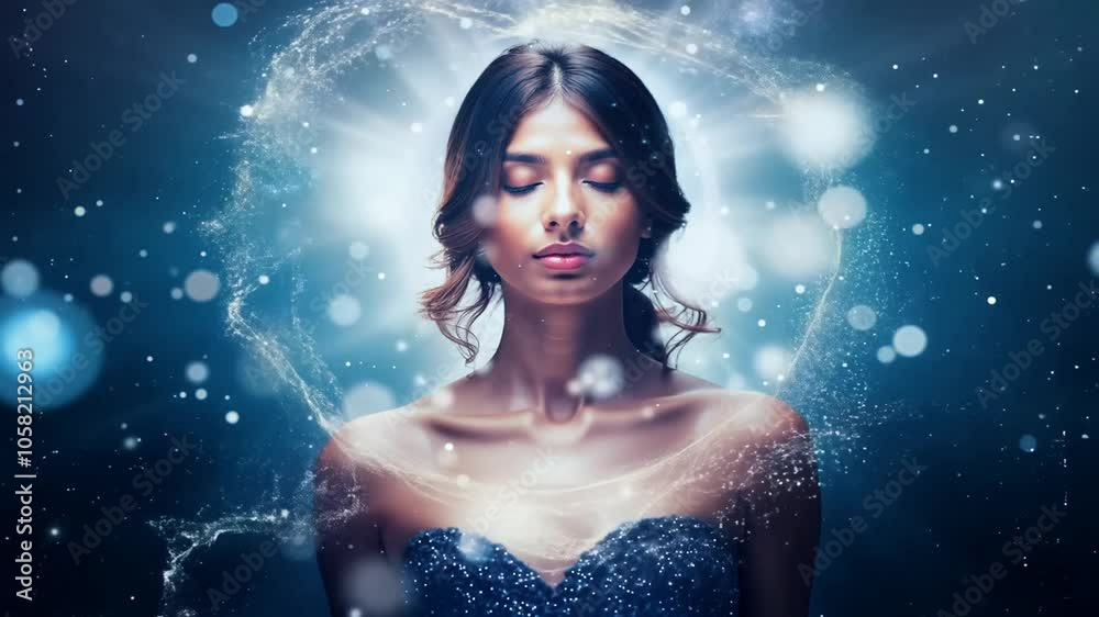 A does magical flying lotus particles yoga woman background beautiful position glowing sitting beauty meditation fitness body meditating exercise lady pose relaxation person relax health hair chakra 