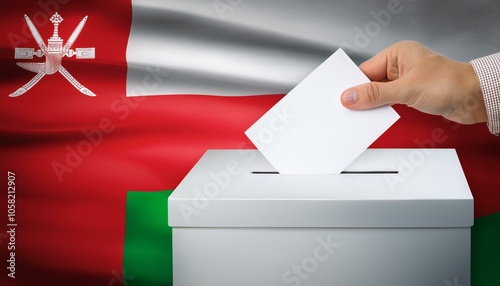 オマーンの国旗の背景と投票箱と投票する手。選挙。(Oman flag background and ballot box and hand voting. election.) 