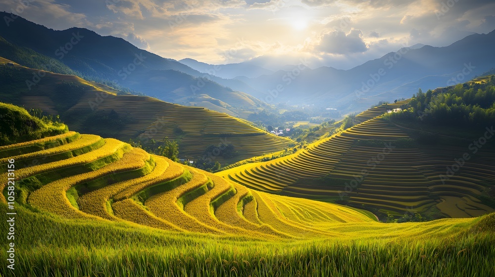 Terraced rice field in harvest season in Mu Cang Chai, Vietnam. Mam Xoi popular travel destination. Terraced rice field in harvest season in Mu Cang Chai, Vietnam. Mam Xoi popular travel destination.