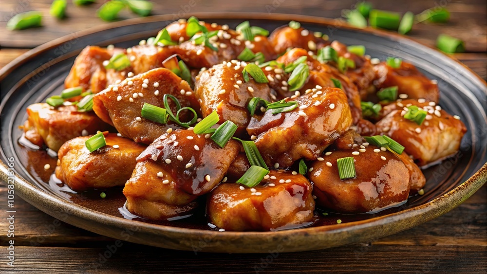 Glossy Teriyaki Chicken Bites Garnished with Sesame Seeds and Green Onions on a Brown Plate Glossy Teriyaki Chicken Bites Garnished with Sesame Seeds and Green Onions on a Brown Plate