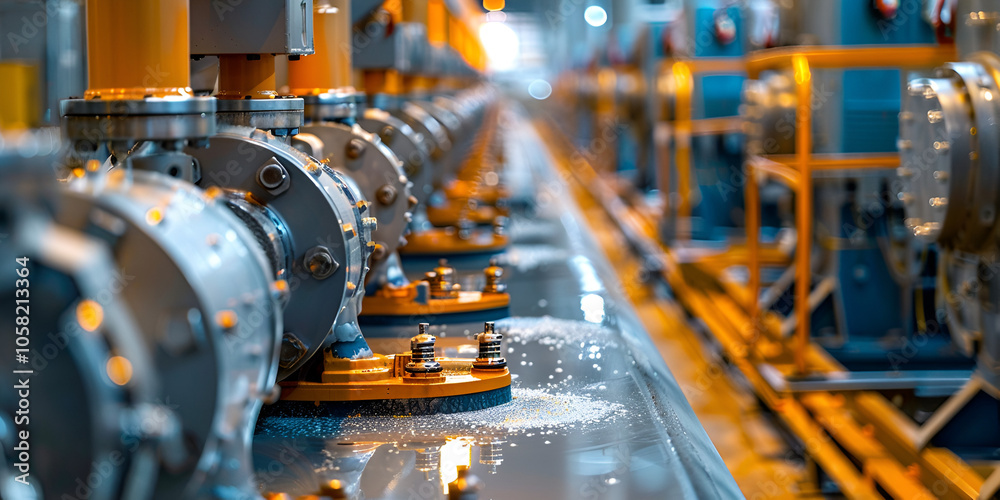 Fototapeta premium Industrial Pipeline System in High-Tech Factory, Modern Manufacturing Facility with Pipes and Valves