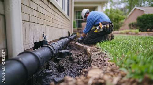 plumber is working diligently on drainage system outside home, ensuring proper maintenance and functionality. scene captures importance of home upkeep and plumbing services