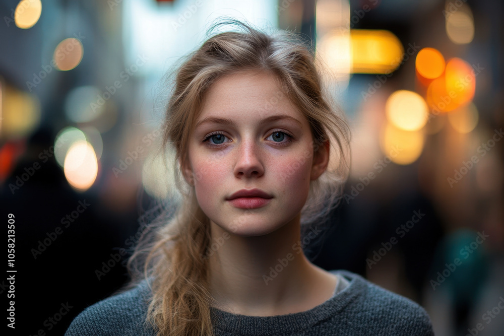 young woman stands in bustling city, her serene expression contrasting with vibrant, blurred lights around her. atmosphere is lively yet intimate, capturing moment of calm amidst chaos young woman stands in bustling city, her serene expression contrasting with vibrant, blurred lights around her. atmosphere is lively yet intimate, capturing moment of calm amidst chaos