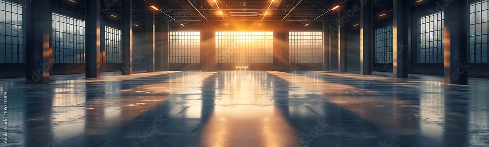 A vast, empty industrial space illuminated by warm sunlight streaming through large windows, creating reflections on the polished floor. A vast, empty industrial space illuminated by warm sunlight streaming through large windows, creating reflections on the polished floor.