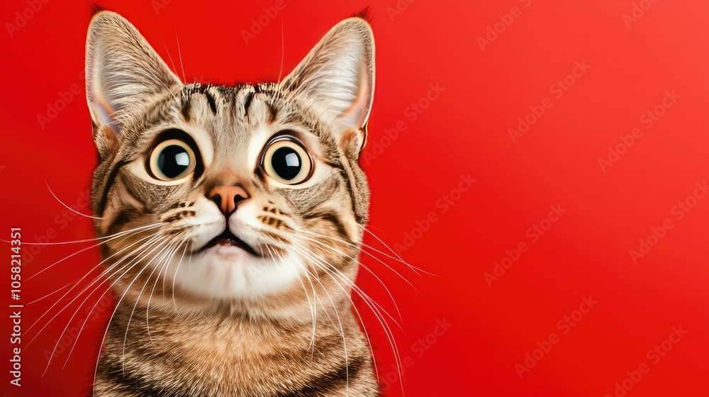 A surprised cat with bright eyes is set against a vibrant red background, capturing a playful and curious expression. A surprised cat with bright eyes is set against a vibrant red background, capturing a playful and curious expression.