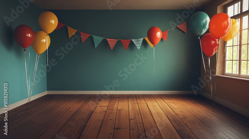 vibrant room decorated with colorful balloons and festive flags, featuring warm wooden floor and bright sunlight streaming through window, creating cheerful atmosphere