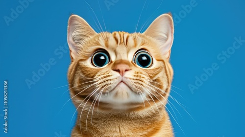 A curious orange cat with large expressive eyes gazes directly at the viewer against a vibrant blue background.