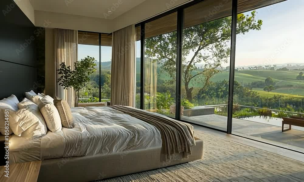 Contemporary bedroom with floor-to-ceiling windows 