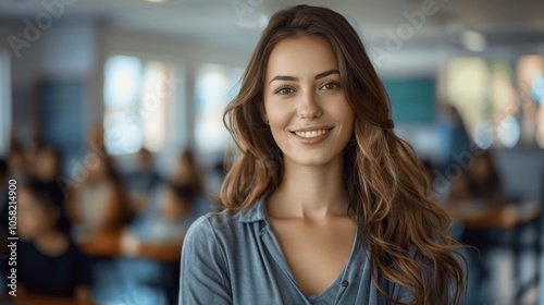 Free Download a photo portrait of a beautiful young female school teacher smiling in the classroom with students and teacher in the background - GFXLoad