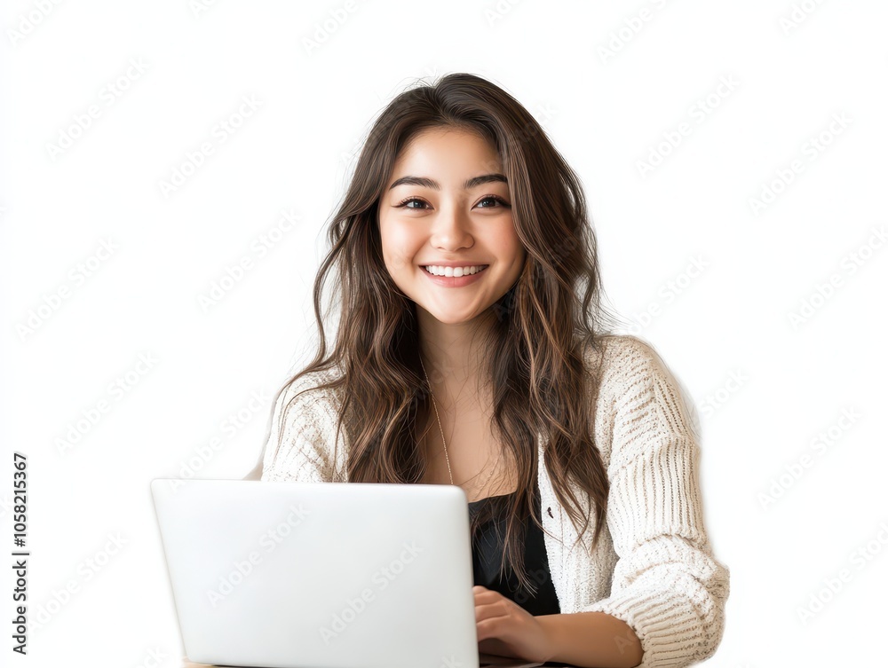 Asian woman with open laptop, collaborating with team, pure white background, digital teamwork Asian woman with open laptop, collaborating with team, pure white background, digital teamwork