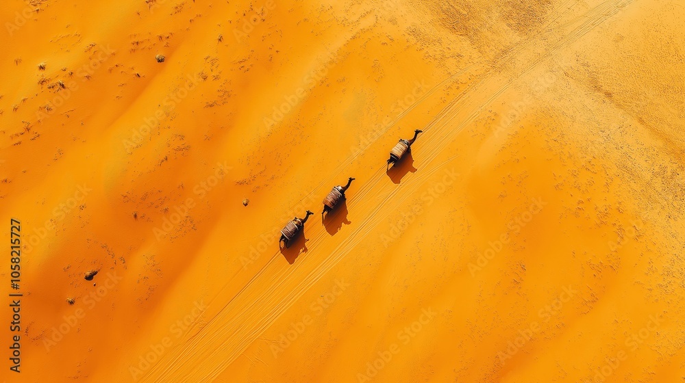 Fototapeta premium A serene view captures a caravan of camels gliding across expansive orange sand dunes. The minimalist landscape evokes a profound sense of loneliness and peace under natural light.