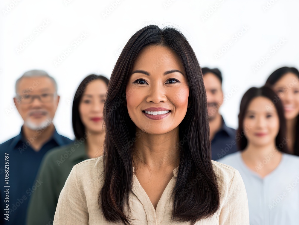 Group of professionals with Asian woman leading, pure white background, unity in teamwork Group of professionals with Asian woman leading, pure white background, unity in teamwork