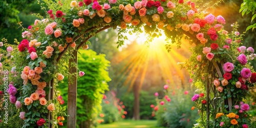 Fototapeta Naklejka Na Ścianę i Meble -  A Romantic Archway of Vibrant Roses Bathed in the Golden Glow of a Setting Sun