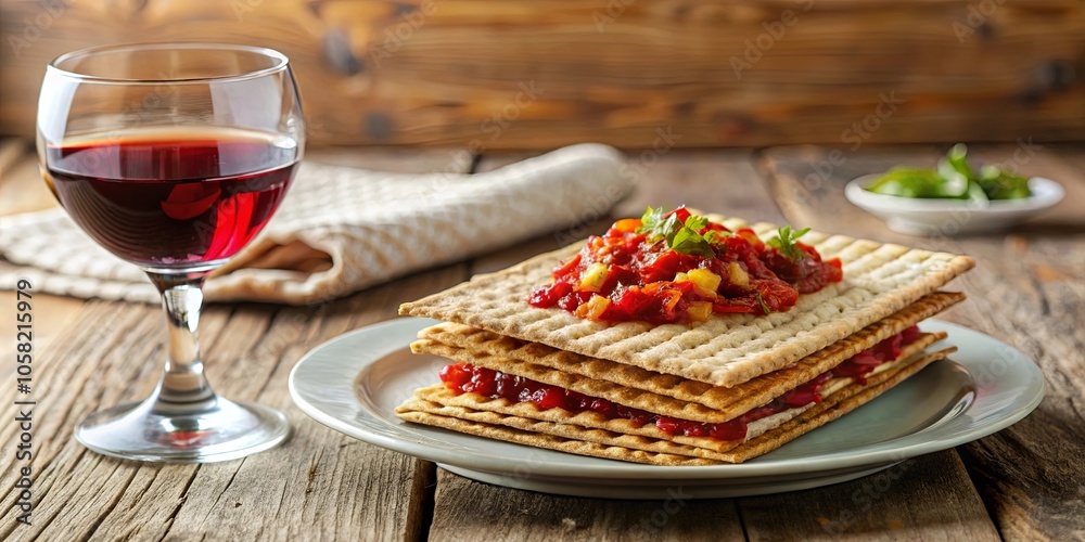 Crisp Flatbread Layered with Savory Red and Yellow Relish, Garnished with Fresh Herbs and Accompanied by a Glass of Rich Red Wine Crisp Flatbread Layered with Savory Red and Yellow Relish, Garnished with Fresh Herbs and Accompanied by a Glass of Rich Red Wine