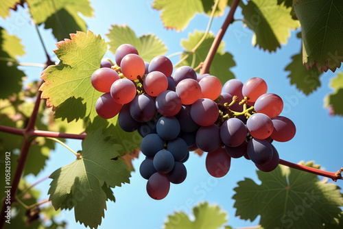 A low Angle close-up of a bunch of grapes against a blue sky background in the sun