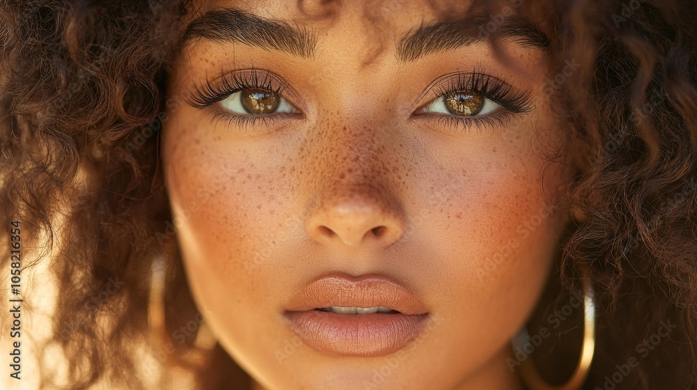 A charming portrait of a beautiful Dominican woman with fluffy dark brown curly hair, thick eyelashes, and natural makeup, wearing gold hoop earrings A charming portrait of a beautiful Dominican woman with fluffy dark brown curly hair, thick eyelashes, and natural makeup, wearing gold hoop earrings