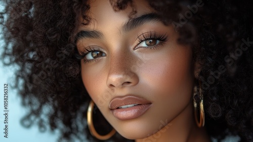 A charming portrait of a beautiful Dominican woman with fluffy dark brown curly hair, thick eyelashes, and natural makeup, wearing gold hoop earrings