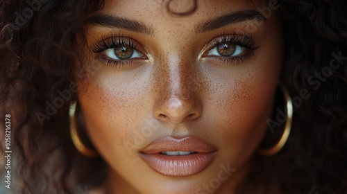 A charming portrait of a beautiful Dominican woman with fluffy dark brown curly hair, thick eyelashes, and natural makeup, wearing gold hoop earrings