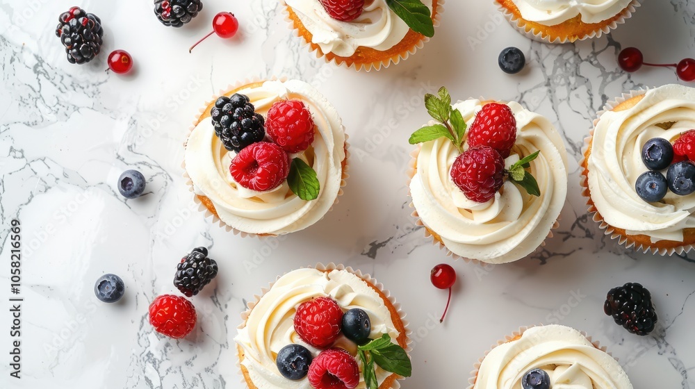 Cupcakes with berries on marble table, top view. Text space available. Cupcakes with berries on marble table, top view. Text space available.