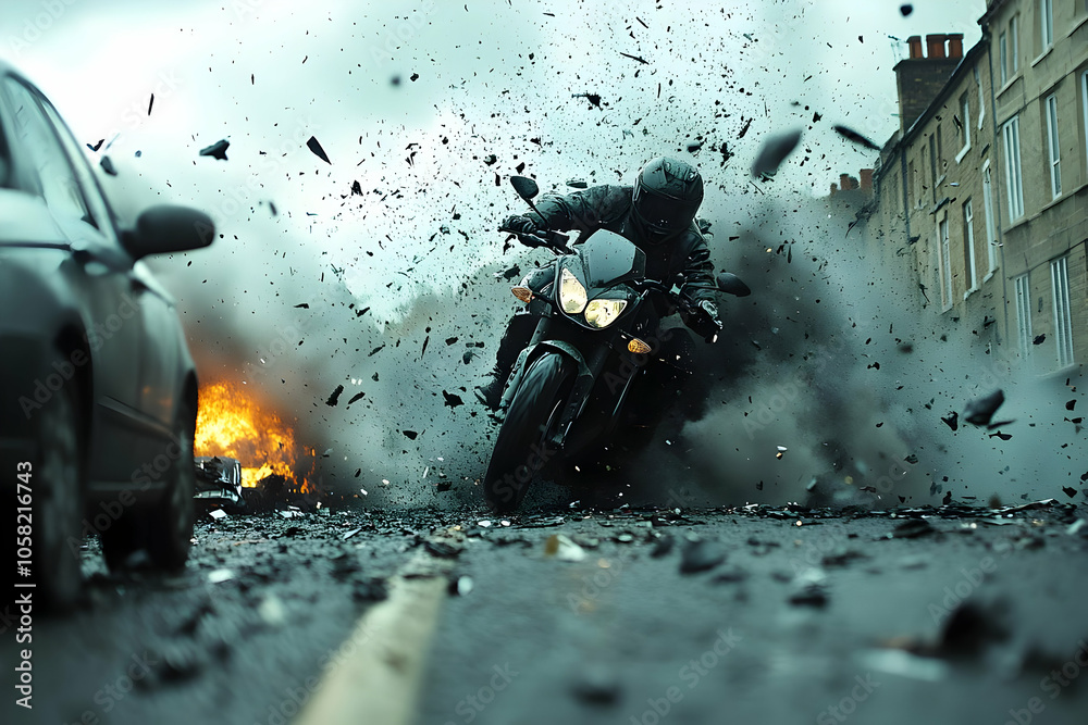 Action Movie Scene - Motorcycle Explosion Photo
