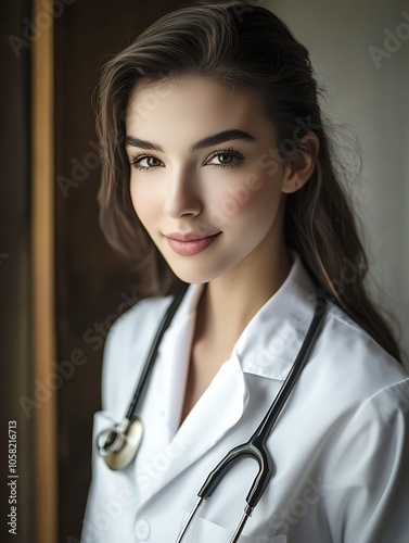 A closeup portrait of a young female doctor wearing a stethoscope around her neck, looking confidently at the camera with a reassuring smile on her face. photo