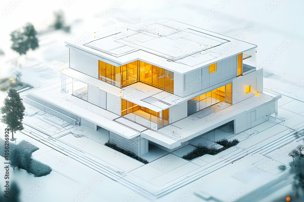 Modern 3D Architectural Illustration of a White House with Yellow Windows Modern 3D Architectural Illustration of a White House with Yellow Windows