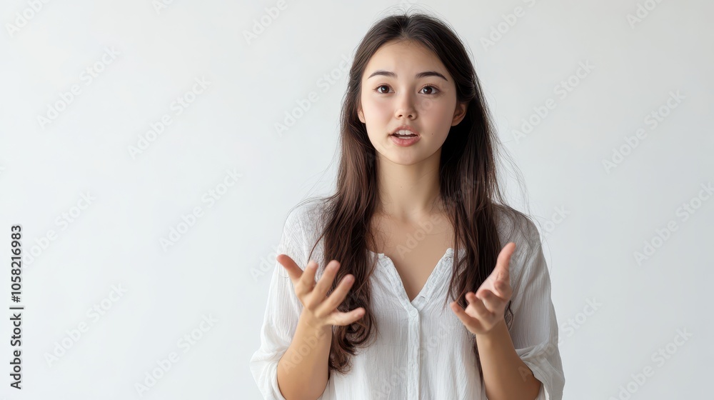 Asian woman gesturing with hands while talking to team, pure white background, dynamic teamwork Asian woman gesturing with hands while talking to team, pure white background, dynamic teamwork
