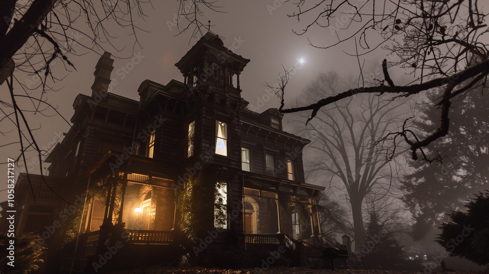 A haunted Victorian mansion on a foggy night, eerie shadows cast by full moonlight, ivy-covered walls, broken windows, and a ghostly glow from within, leafless trees in the foreground with twisted bra A haunted Victorian mansion on a foggy night, eerie shadows cast by full moonlight, ivy-covered walls, broken windows, and a ghostly glow from within, leafless trees in the foreground with twisted bra