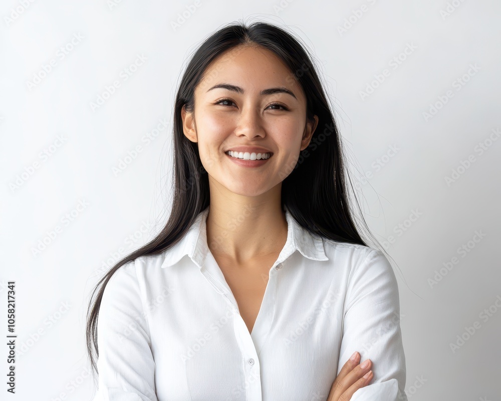 Asian woman in relaxed conversation with team, pure white background, friendly team interaction Asian woman in relaxed conversation with team, pure white background, friendly team interaction