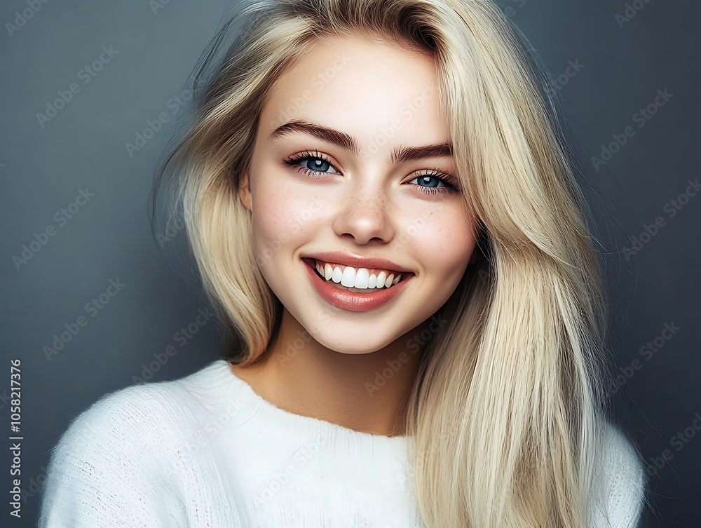 Fototapeta premium Closeup headshot of a radiant blond woman with sparkling blue eyes, showcasing a warm and inviting smile as she gazes directly into the camera against a sleek gray backdrop.