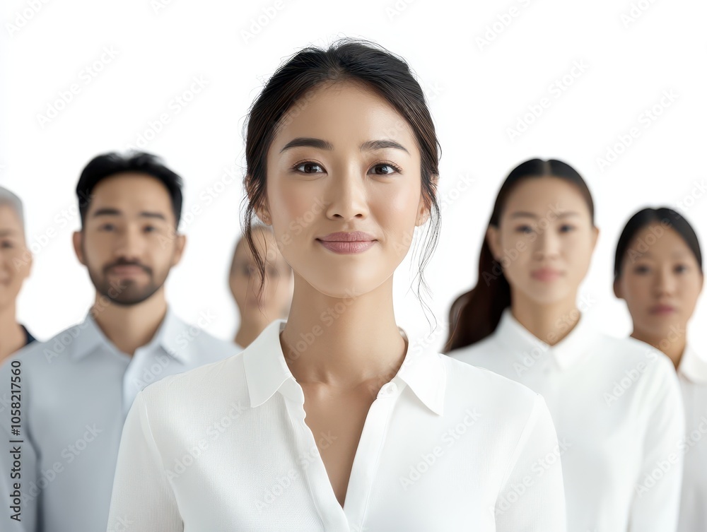 Professional Asian woman guiding diverse team, pure white background, inclusive team dynamics Professional Asian woman guiding diverse team, pure white background, inclusive team dynamics
