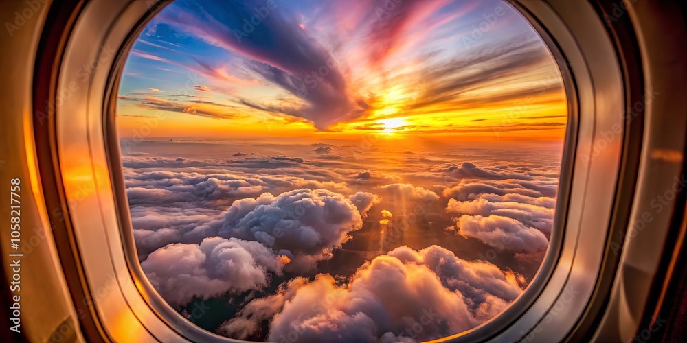 A fiery sunset casts golden rays upon a sea of fluffy clouds as seen through the window of an aircraft, creating a breathtaking spectacle of nature's artistry.