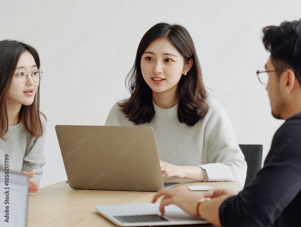 Asian woman with open laptop, collaborating with team, pure white background, digital teamwork Asian woman with open laptop, collaborating with team, pure white background, digital teamwork