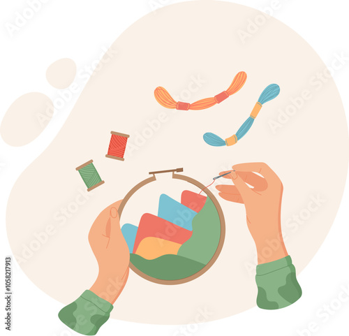 Woman engages in creative sewing activity with needlework kit on a flat surface. Concept of DIY and craftwork, colorful and cute design, suitable for art hobby projects.
