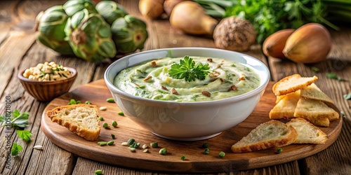 Creamy Green Dip with Toasted Bread and Garnish