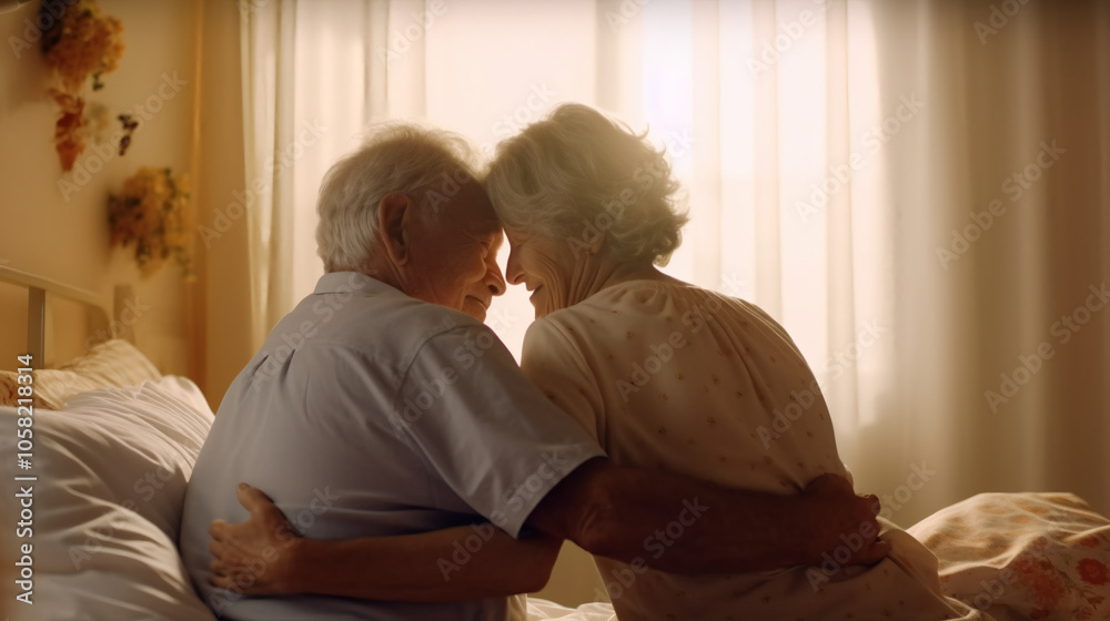 An elderly couple sitting on the edge of their bed, hugging each other in solitude and sadness during the golden hour. An elderly couple sitting on the edge of their bed, hugging each other in solitude and sadness during the golden hour.