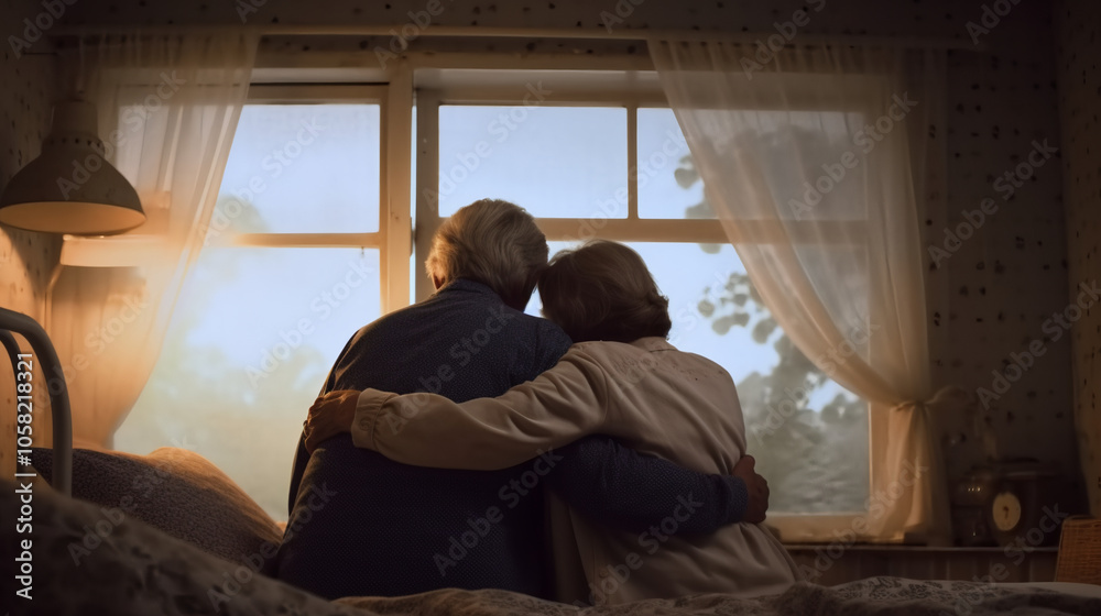 An elderly couple sitting on the edge of their bed, hugging each other in solitude and sadness during the golden hour. An elderly couple sitting on the edge of their bed, hugging each other in solitude and sadness during the golden hour.