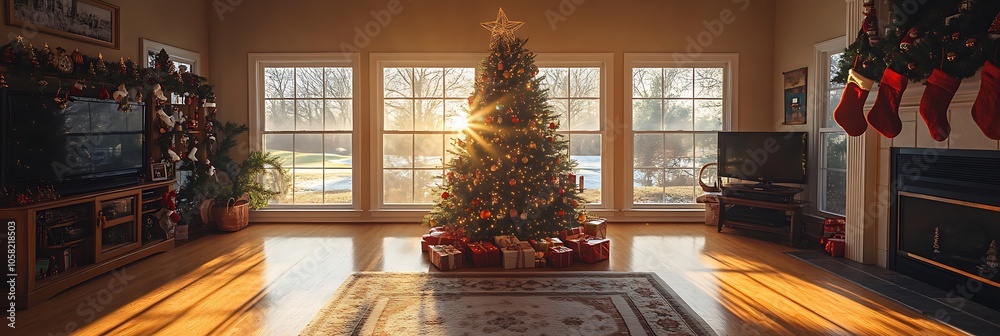 Christmas Tree Decorated with Ornaments and Lights in Living Room with Sunlight Streaming Through Windows - Realistic Image Christmas Tree Decorated with Ornaments and Lights in Living Room with Sunlight Streaming Through Windows - Realistic Image