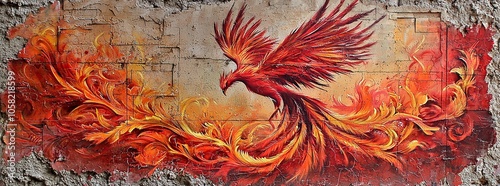 A vibrant red phoenix mural painted on a weathered brick wall.