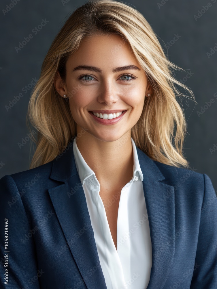 A confident blonde businesswoman in a blue suit beams warmly against a clean blue background, highlighting her professional image. A confident blonde businesswoman in a blue suit beams warmly against a clean blue background, highlighting her professional image.