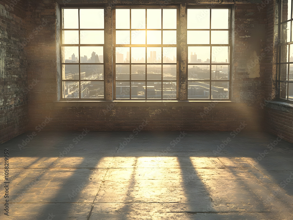 Illustration of Empty Brick Room with City View at Sunset