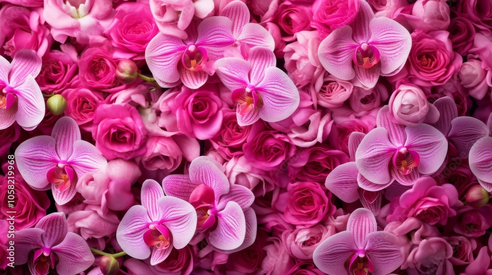 Bright pink roses and orchids bouquet closeup, vibrant floral arrangement for wedding, anniversary, or celebration background, soft focus on petals and natural beauty
Bright pink roses and orchids bouquet closeup, vibrant floral arrangement for wedding, anniversary, or celebration background, soft focus on petals and natural beauty