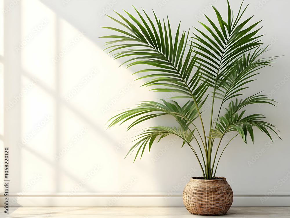 Realistic Image of Palm Tree in Wicker Basket by Sunny Window Realistic Image of Palm Tree in Wicker Basket by Sunny Window