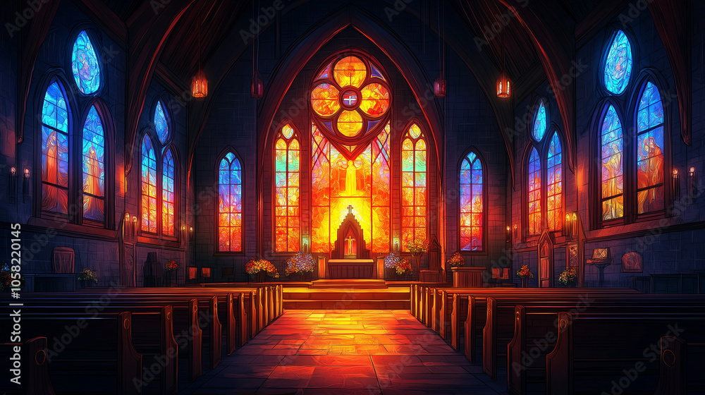 Beautiful Church with Stained Glass Windows, All Saints' Day, illustration, All Saints' Day picture,